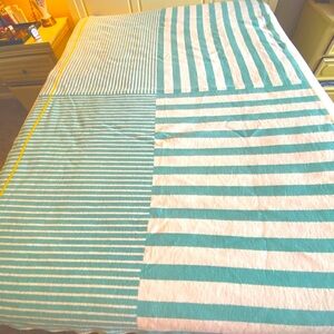 Striped/Squares Teal and Cream Blanket. Made in Portugal. 60/40 Cotton/Poly. EUC